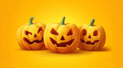 Three carved Halloween pumpkins with different expressions against a bright yellow background