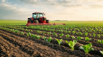Fototapeta premium Red Tractor Cultivating Green Crops on Expansive Agricultural Field