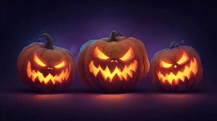 Fototapeta premium Three menacingly carved Halloween pumpkins glowing ominously against a dark background