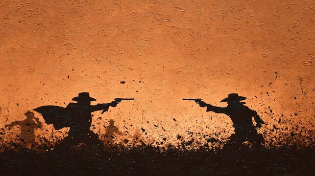 dramatic painting of a cowboy showdown at sunset, silhouetted gunslingers, sepia and ochre palette, textured dust explosion effect