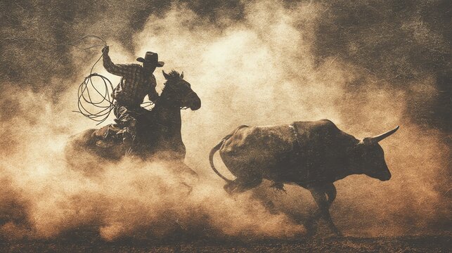 grunge style painting of a cowboy lassoing a bull, dynamic motion with dust explosion, sepia vintage palette, western illustration style