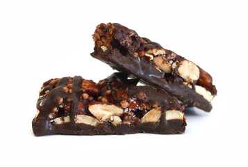 Stack chocolate chip with peanuts protein bars isolated on a white background.