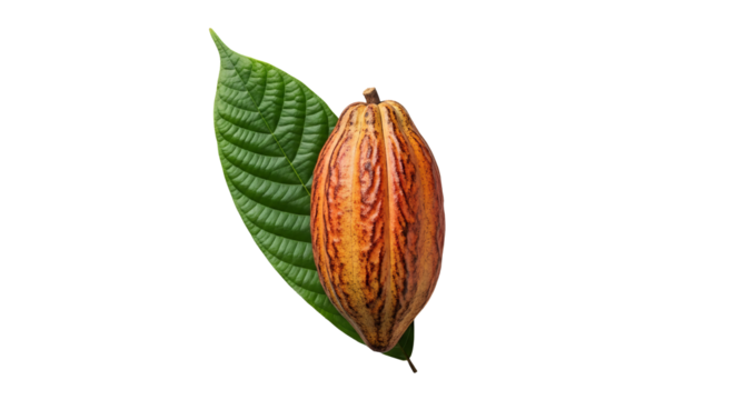 Cacao fruit rests beside vibrant green leaf against stark isolated background. - high quality Cacao fruit rests beside vibrant green leaf against star - Powered by Adobe