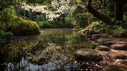 Explore serene japanese garden with cherry blossoms pond and stone path for peaceful nature escape now