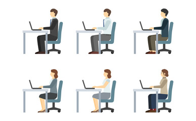 Fototapeta premium フラットイラスト：パソコン作業をするスーツ男女(サイド)