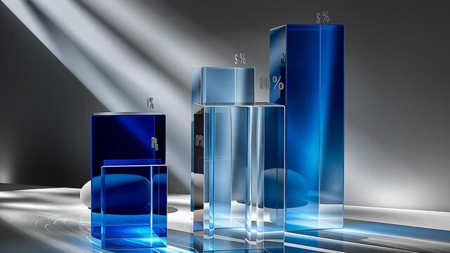 Light beams illuminate glass cubes forming a bar chart which changes over time, with percentages displayed on each cube, isolated on a white background
