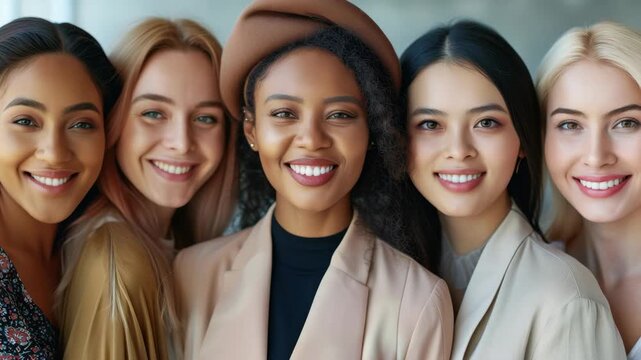 Group of young professional women in business attire smiling at camera with diverse expressions, representing a team or corporate environment.