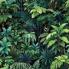 Dense dark jungle with vibrant green foliage and visible tree trunks