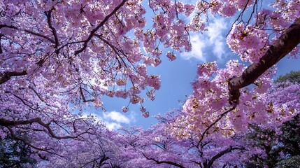 Beautiful cherry blossom tree branches with pink flowers against blue sky scenic spring season nature view