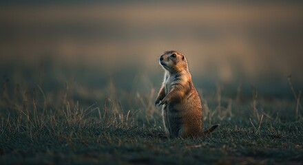 Portrait of a Prairie Dog Standing Tall and Alert in Its Natural Habitat on an Open Field.