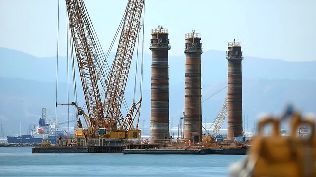 Port construction project with massive concrete caissons being positioned by floating cranes precision engineering equipment and pile foundations creating new harbor