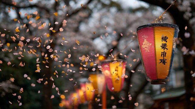 Explore japan cherry blossom season with traditional lanterns and falling petals spring travel photography