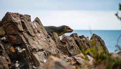 Seal on rocky outcrop overlooking ocean