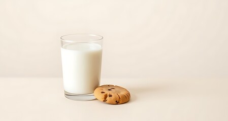 Glass of milk with cookie on plain beige background minimal composition 8k ultra detail.