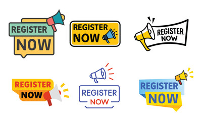 Collection of six diverse graphic design elements featuring the phrase register now with megaphone icons and speech bubbles for promotional campaigns