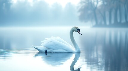 Obraz premium White Swan Gracefully Floating on Misty Lake