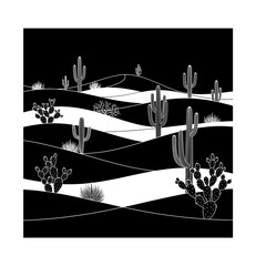 Black and white desert landscape illustration with cactus saguaro and prickly pear vector background design
