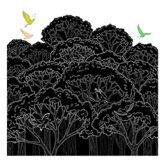 Illustration of forest trees with birds flying in black and white vector landscape nature environment scene