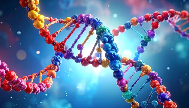 A vibrant, abstract illustration of a DNA double helix, rendered in a spectrum of colors against a soft bokeh backdrop - Powered by Adobe