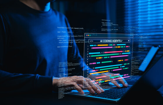 AI coding agents for software development concept. Programmer use laptop with code and AI assistant represent artificial intelligence, AI programming, software developer tools, Machine Learning Code,