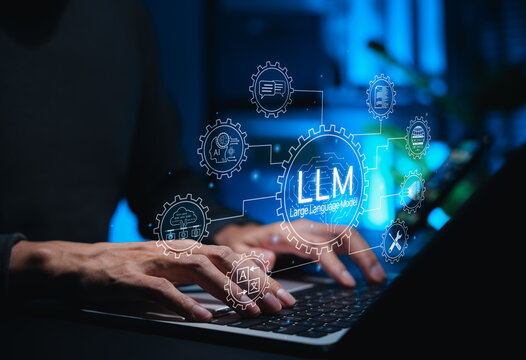 LLM Large Language Model and AI technology concept. Man using laptop with LLM interface icons, artificial intelligence, deep learning, machine learning, natural language processing, Chat AI, Chatbot,