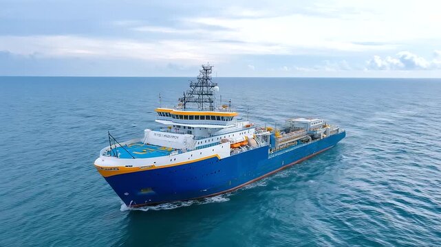 Submarine cable installation vessel laying fiber optic communications infrastructure on ocean floor precision navigation equipment and cable management systems operating in deep