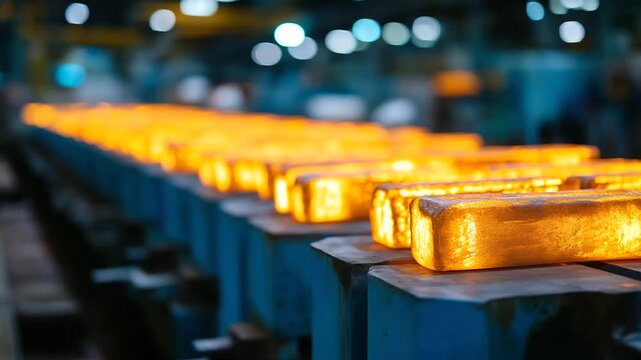 Aluminum smelting plant with rows of electrolytic cells glowing from high temperature molten aluminum industrial ventilation systems managing heat and emissions in energy