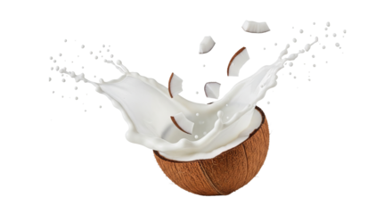 Coconut milk is splashing out of a halved coconut, surrounded by scattered coconut pieces against a isolated background.