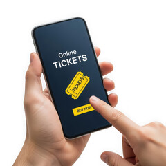 Hand holding a smartphone displaying online tickets with a buy now button, isolated on transparent background