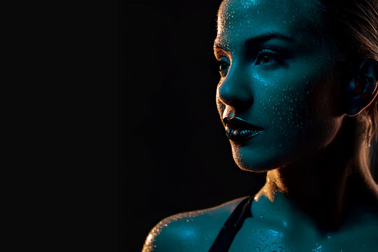 Fit Woman Resting After Intense Workout Sweating on Dark Background