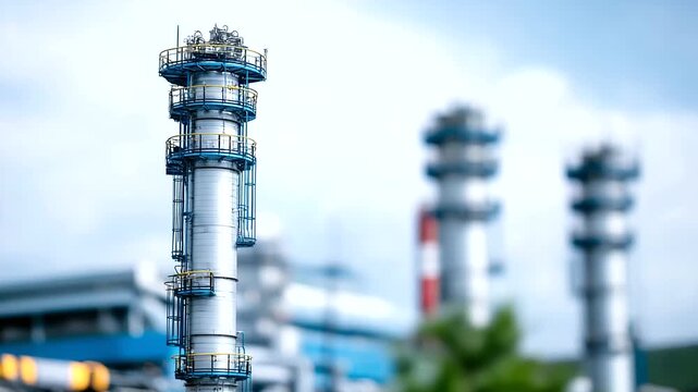 Oil refinery distillation columns with heat exchangers and process control systems petrochemical processing equipment with safety monitoring and environmental protection