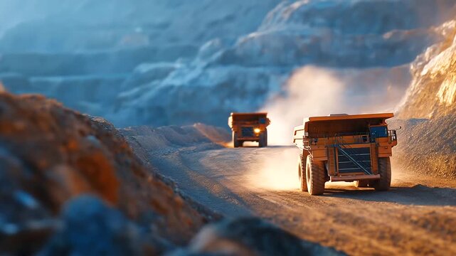 Copper mine with massive haul trucks navigating terraced pit walls explosive blasting operations and dust management systems creating dramatic atmospheric conditions in mineral