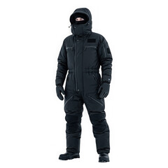 A person wearing a black winter suit with a hood and gloves, isolated on transparent background