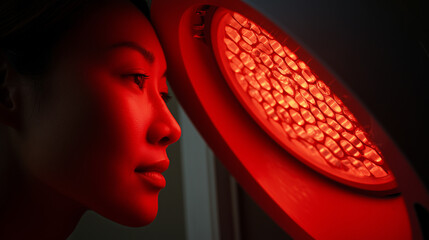 Close-Up of Someone Using a Red Light Therapy Lamp with Protective Glasses at Home