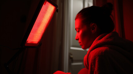 Close-Up of Someone Using a Red Light Therapy Lamp with Protective Glasses at Home