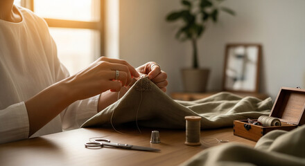 Woman sewing at a wooden table with needle thread and scissors close up