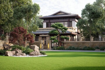 Luxury modern villa in a tranquil garden setting, showcasing elegant architecture, vibrant greenery, and rock formations, captured during a sunny afternoon