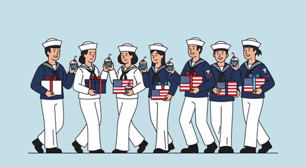 Diverse group of cartoon sailors in uniform marching, holding patriotic gifts and cupcakes, celebrating a national holiday or military appreciation.