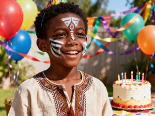 African boy with face paint at birthday at festive birthday celebration table with joyful atmosphere and bright decorations.