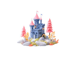 3d halloween castle png with pink roof and glowing windows surrounded by colorful trees and rocks in fantasy style