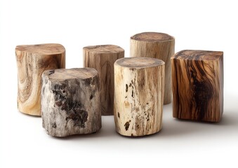 Group of polished petrified wood logs showcasing natural mineralized textures and wood grain patterns.