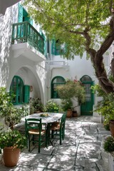 Naklejka premium Discover a charming courtyard adorned with lush greenery and traditional architecture, creating a tranquil atmosphere perfect for daytime relaxation