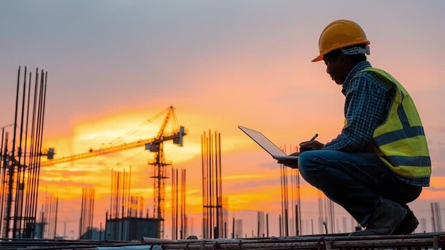 Site Engineer Working at Sunset with Laptop