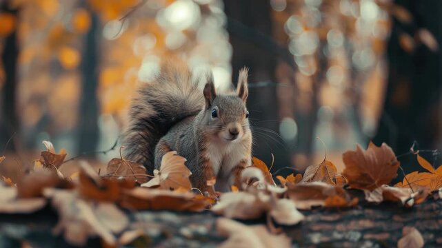 A squirrel among autumn leaves with a blurred background of trees and fallen foliage