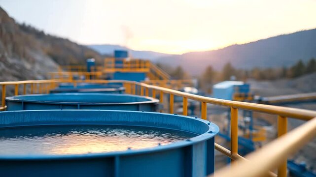 Gold mining facility with cyanide leaching tanks and ore processing equipment precious metal recovery systems and environmental protection measures managing extraction operations