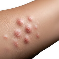 Closeup of a cluster of red, inflamed pimples or acne lesions on human skin, isolated on transparent background