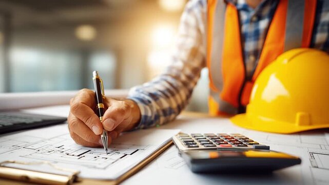 Civil Engineer Reviewing Blueprint with Calculator and Helmet