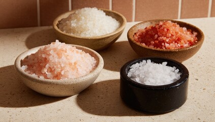 Assortment of gourmet salts in rustic bowls on a textured surface.