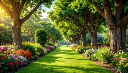 Obraz premium A vibrant garden path lined with colorful flowers and mature trees bathed in soft sunlight