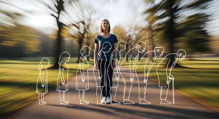 A woman stands on a park path surrounded by artistic outlines showing stages of life from childhood to old age, symbolizing the passage of time, personal growth, and the journey through different ages